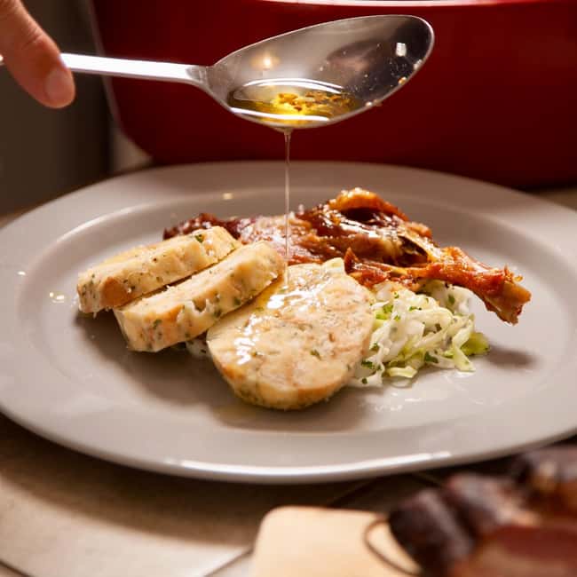 Explore Typical Czech Foods: Tasting, cooking & dining event - The tasting table: cheese, sausages, bread, and homemade goods