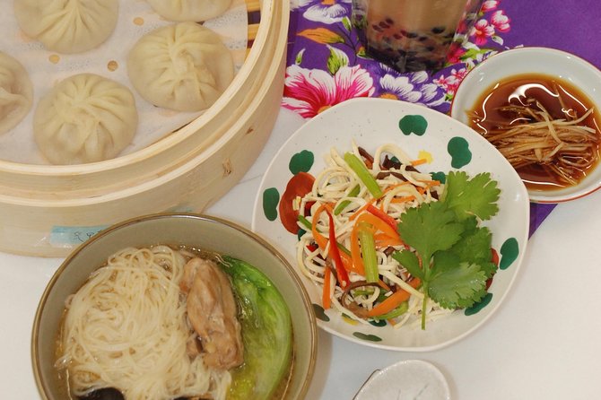 Xiao Long Bao, Chicken vermicelli with mushroom and sesame oil, Tofu strips salad, Bubble milk tea. Taiwan Traditional Delicacies Experience-A (Taipei Cooking Class) - Teachers who make beginners feel at ease